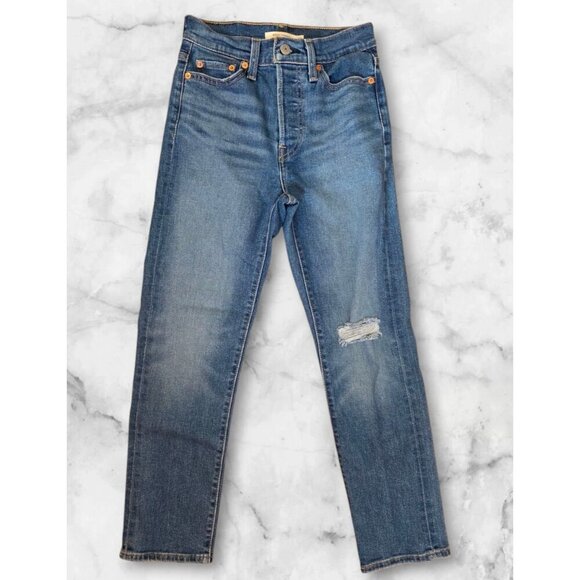 Levi's Wedgie Straight Leg Jeans Womens Sz 25 Dark Wash Distressed Button Fly - Picture 1 of 11